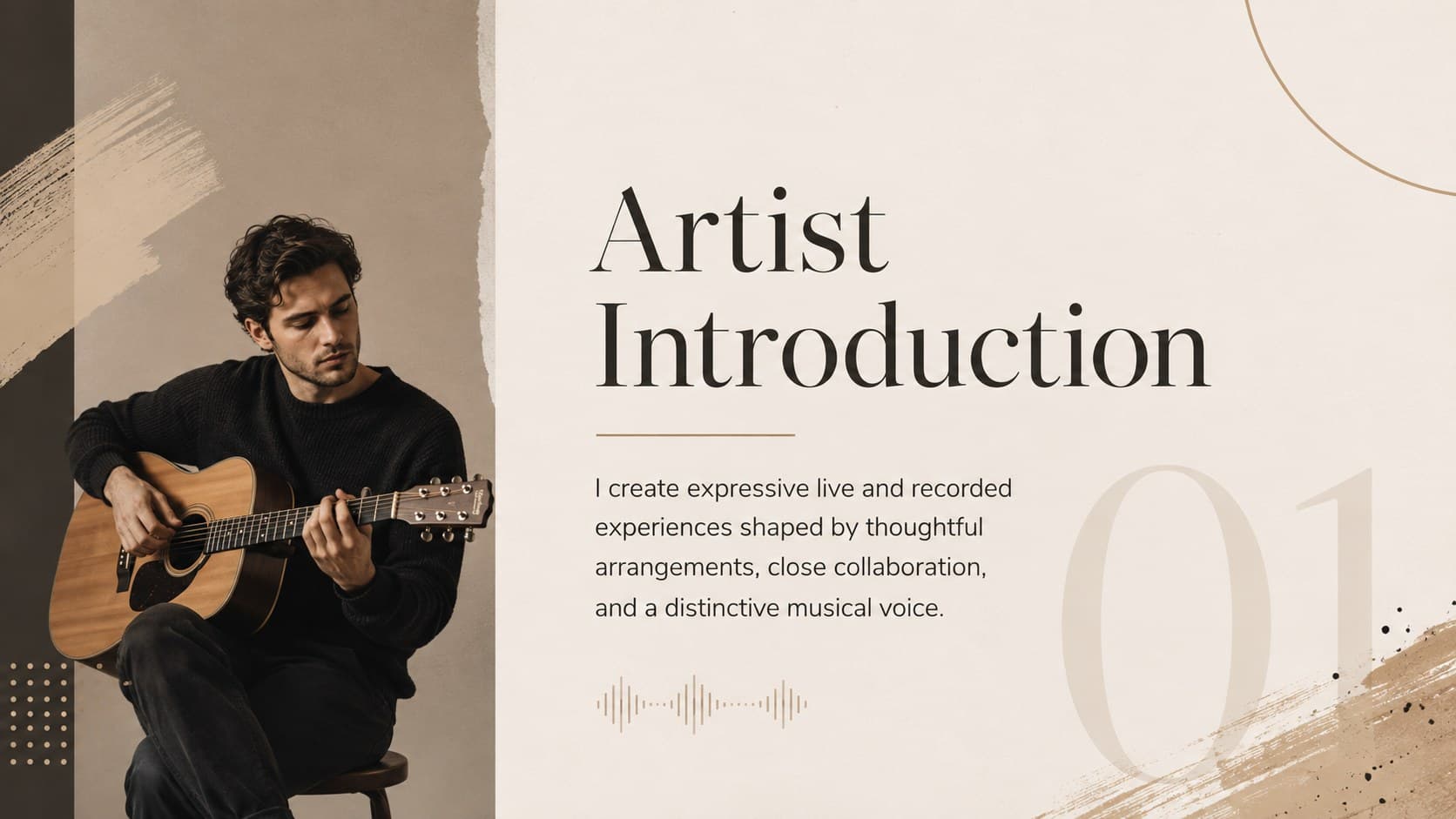 Editorial artist introduction page from a beige musician portfolio presentation.