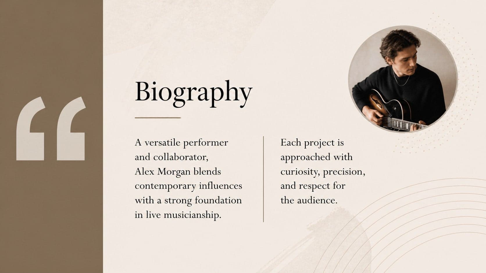Musician biography layout in a professional musician biography deck.