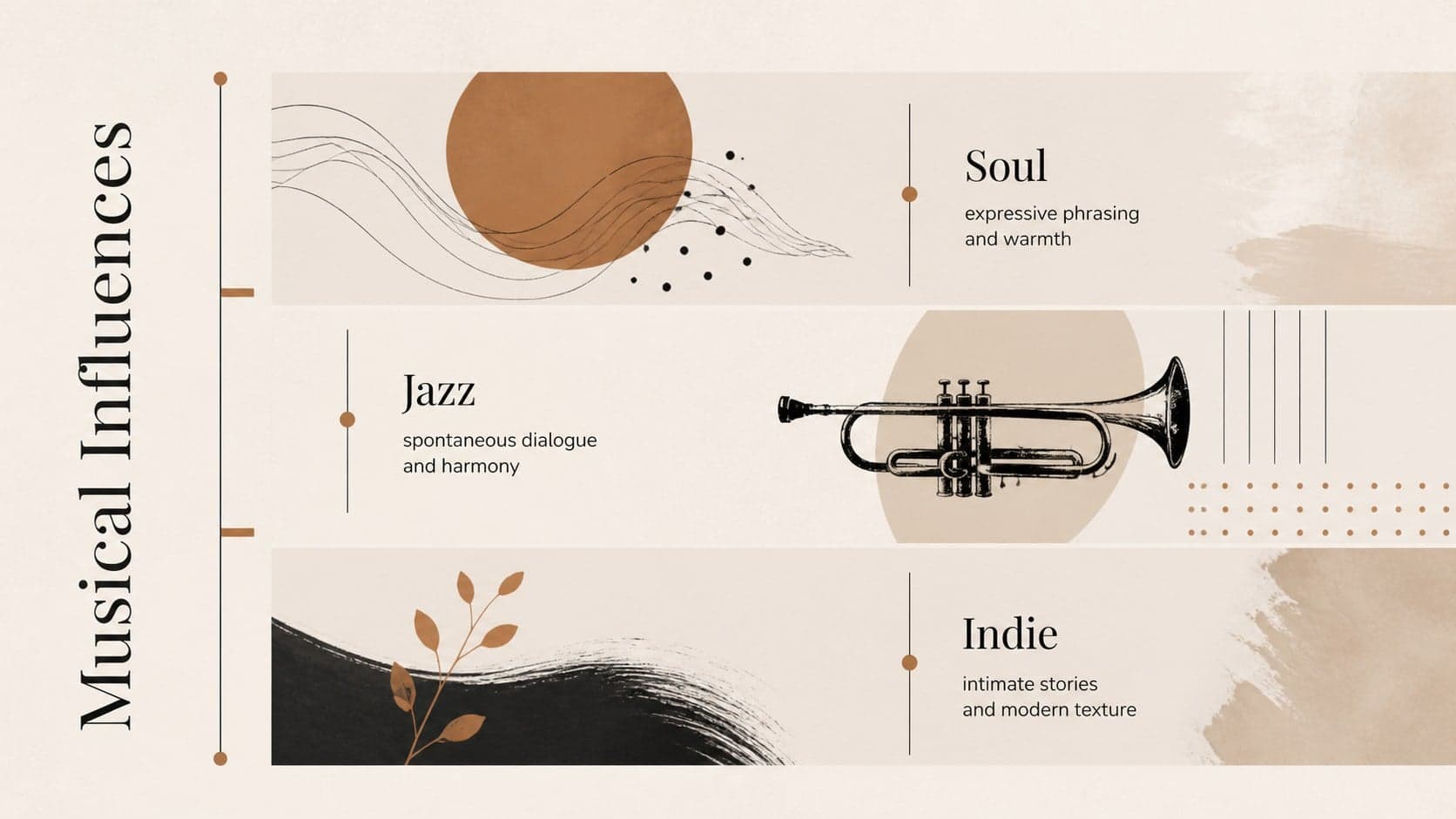 Musical influences page with three genres in a neutral music portfolio PowerPoint design.