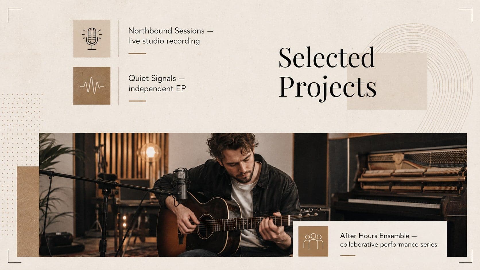 Selected music projects displayed as an editorial artist portfolio.