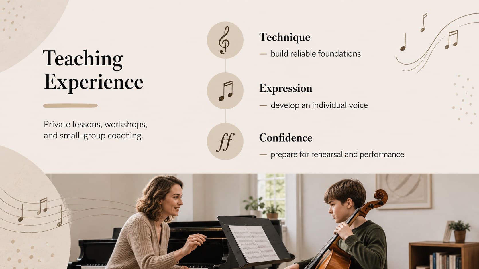 Music teaching experience page for a music teacher application portfolio.