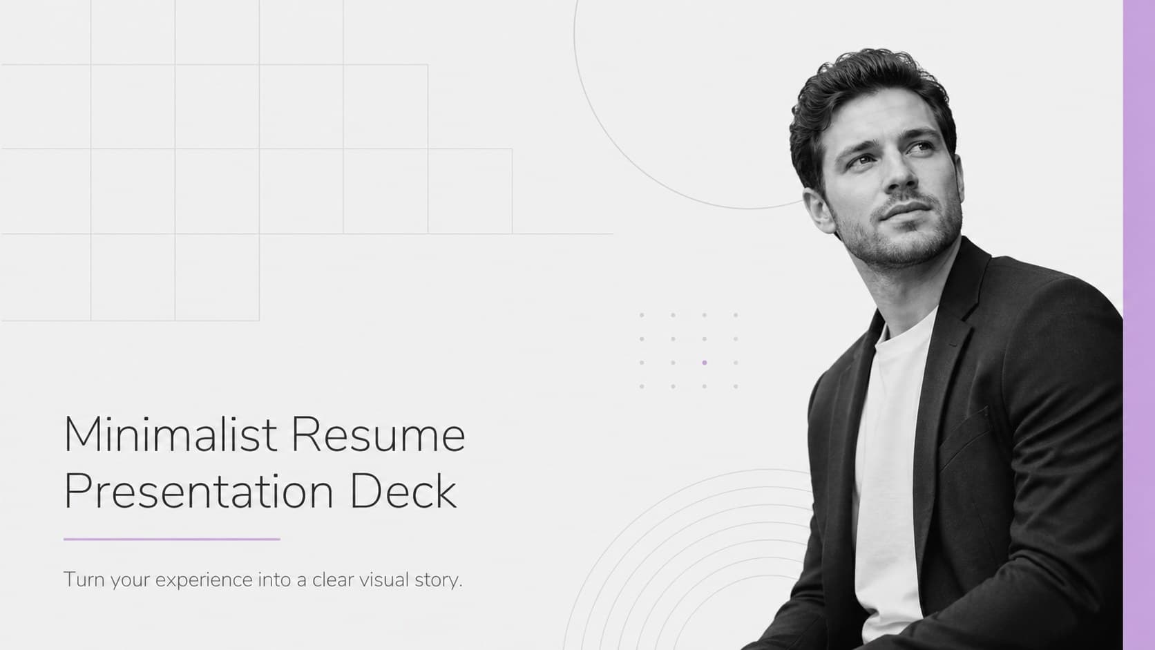 Cover of a minimalist resume presentation deck with modern grey typography and restrained purple accents.