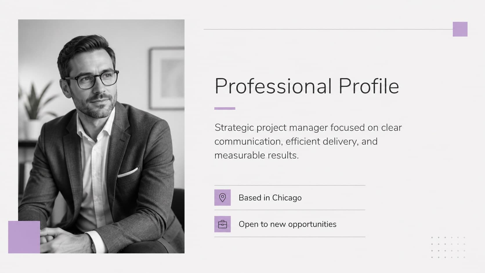 Minimalist professional profile slide presenting a concise biography and portrait area.