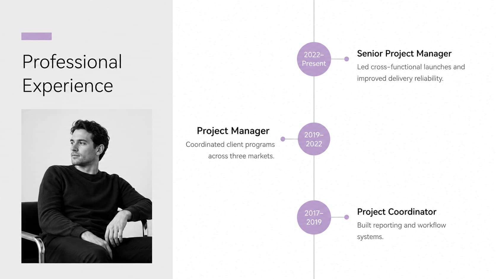 Grey and purple work experience timeline for a modern CV presentation template.