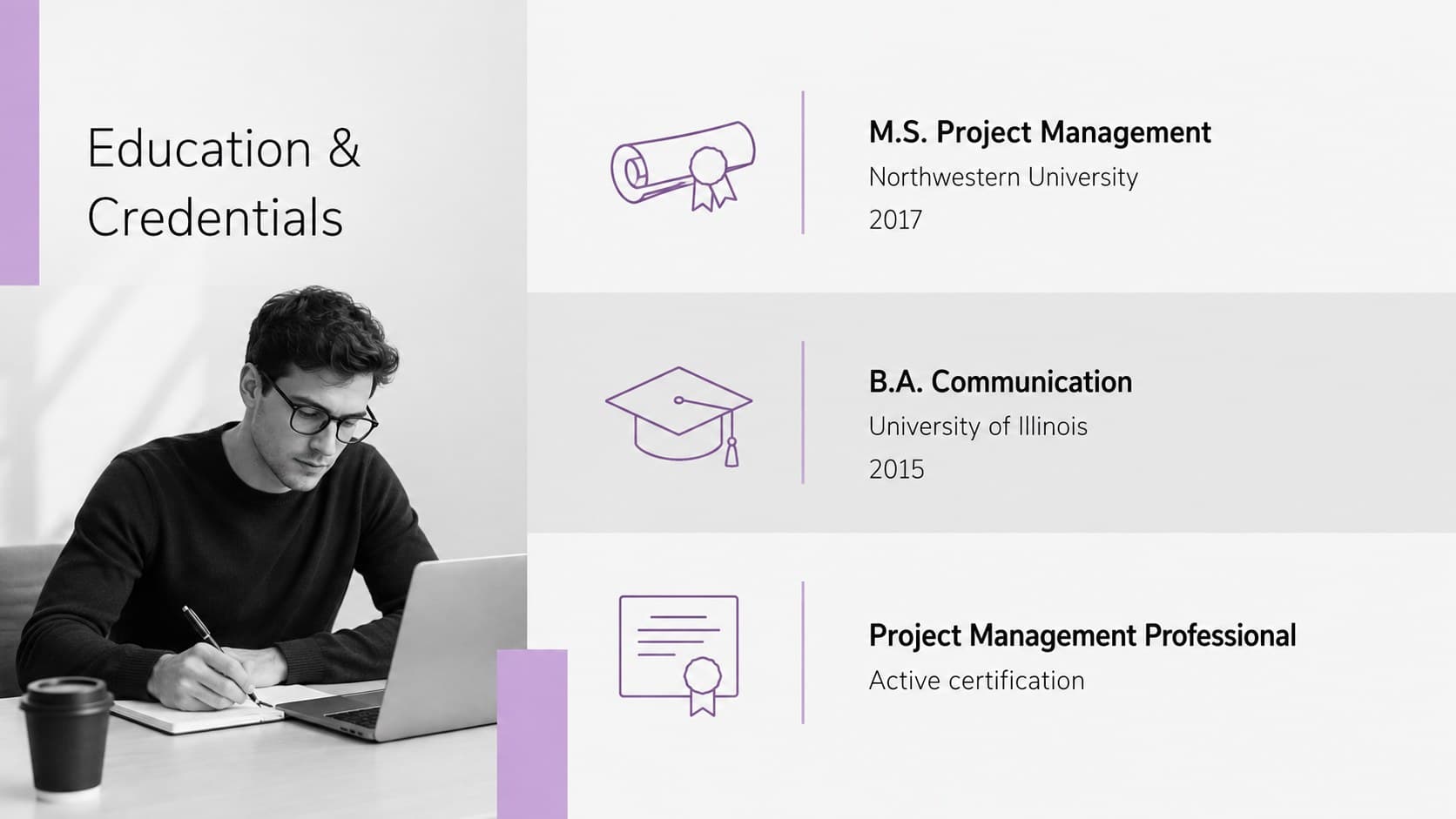 Minimalist education and certification slide in a grey and purple resume presentation.
