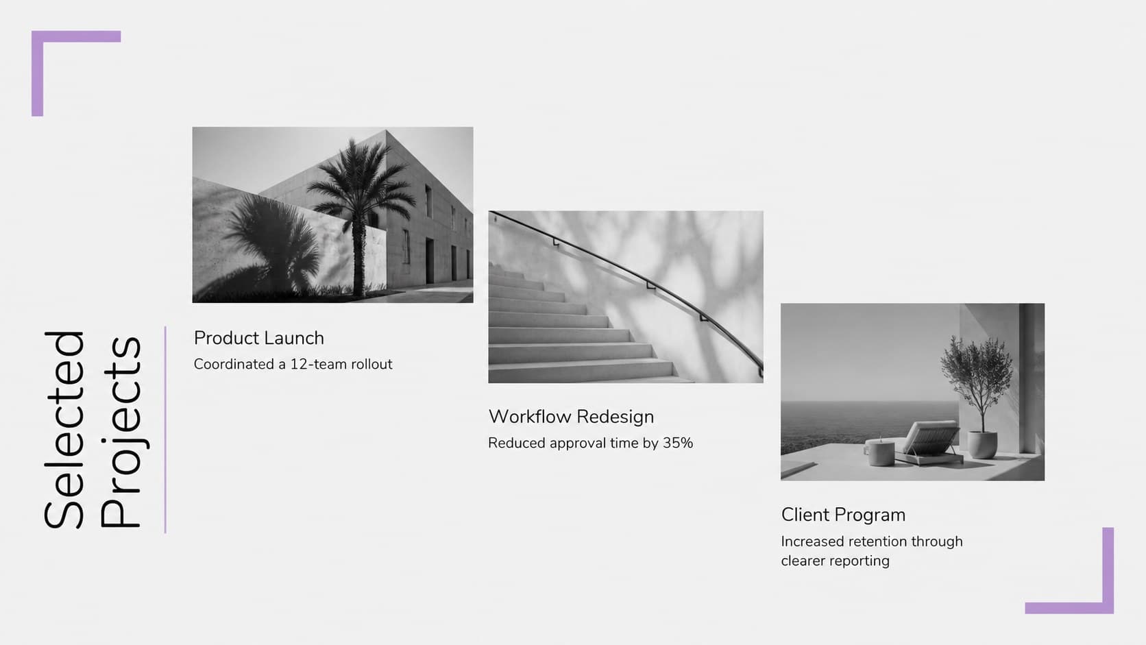 Clean portfolio presentation slide highlighting three selected professional projects.