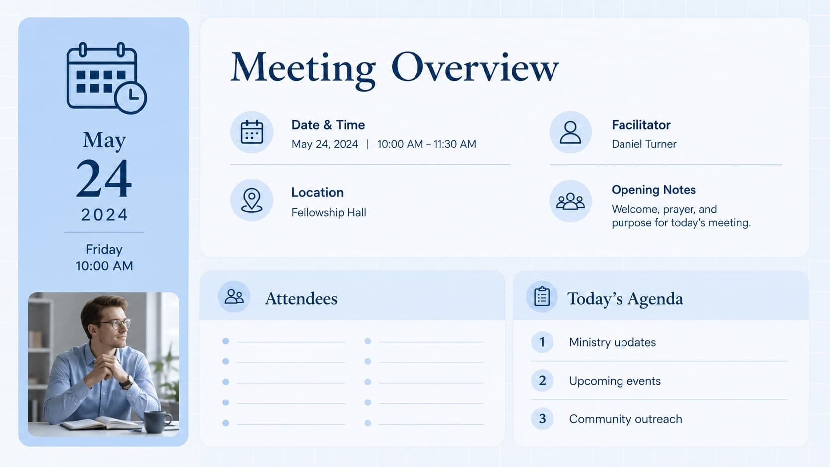Church leadership meeting record slide with fields for meeting details, attendance, and agenda topics.