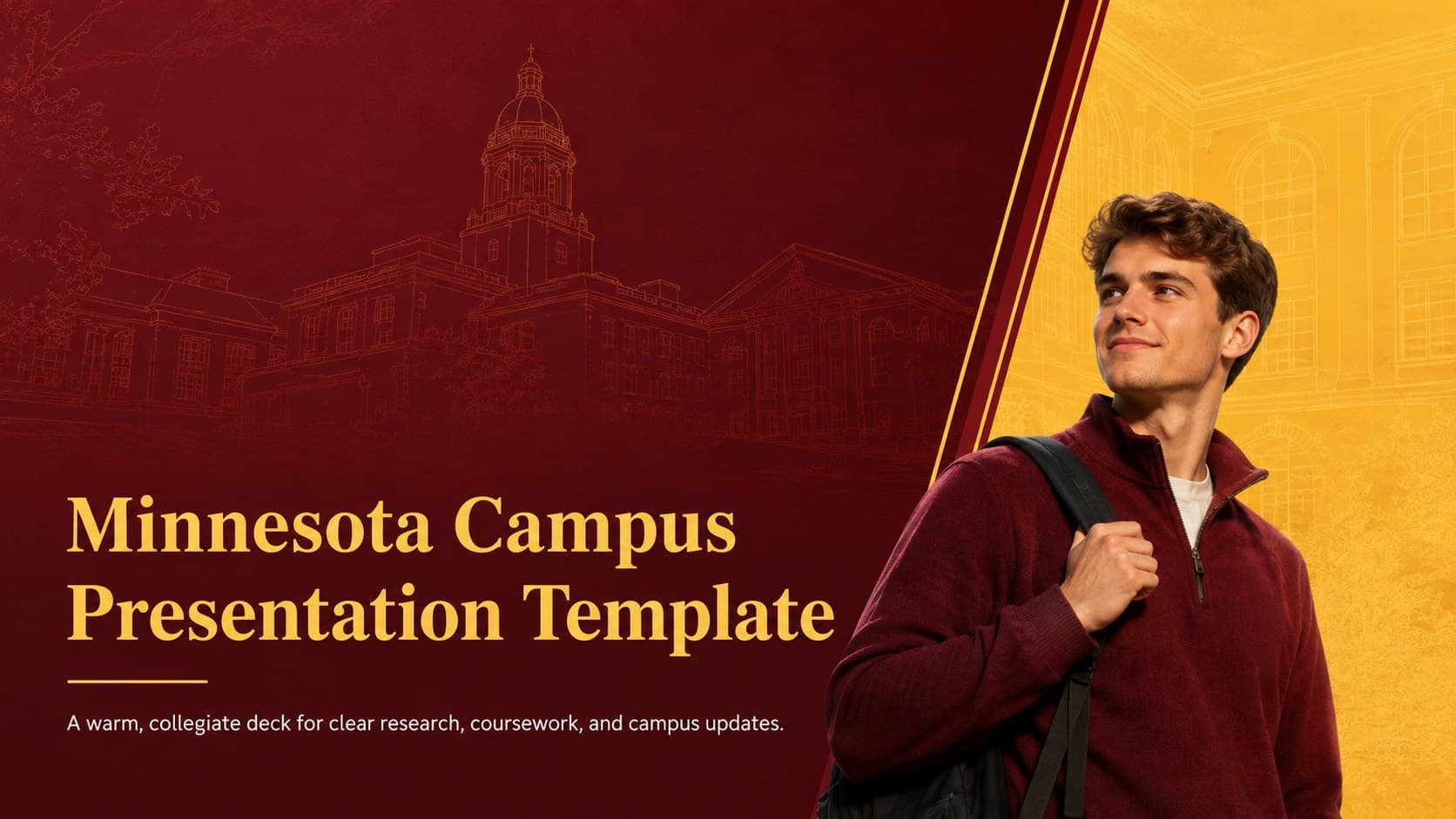 Cover of the Minnesota campus presentation template in a bold gold and deep red collegiate style.