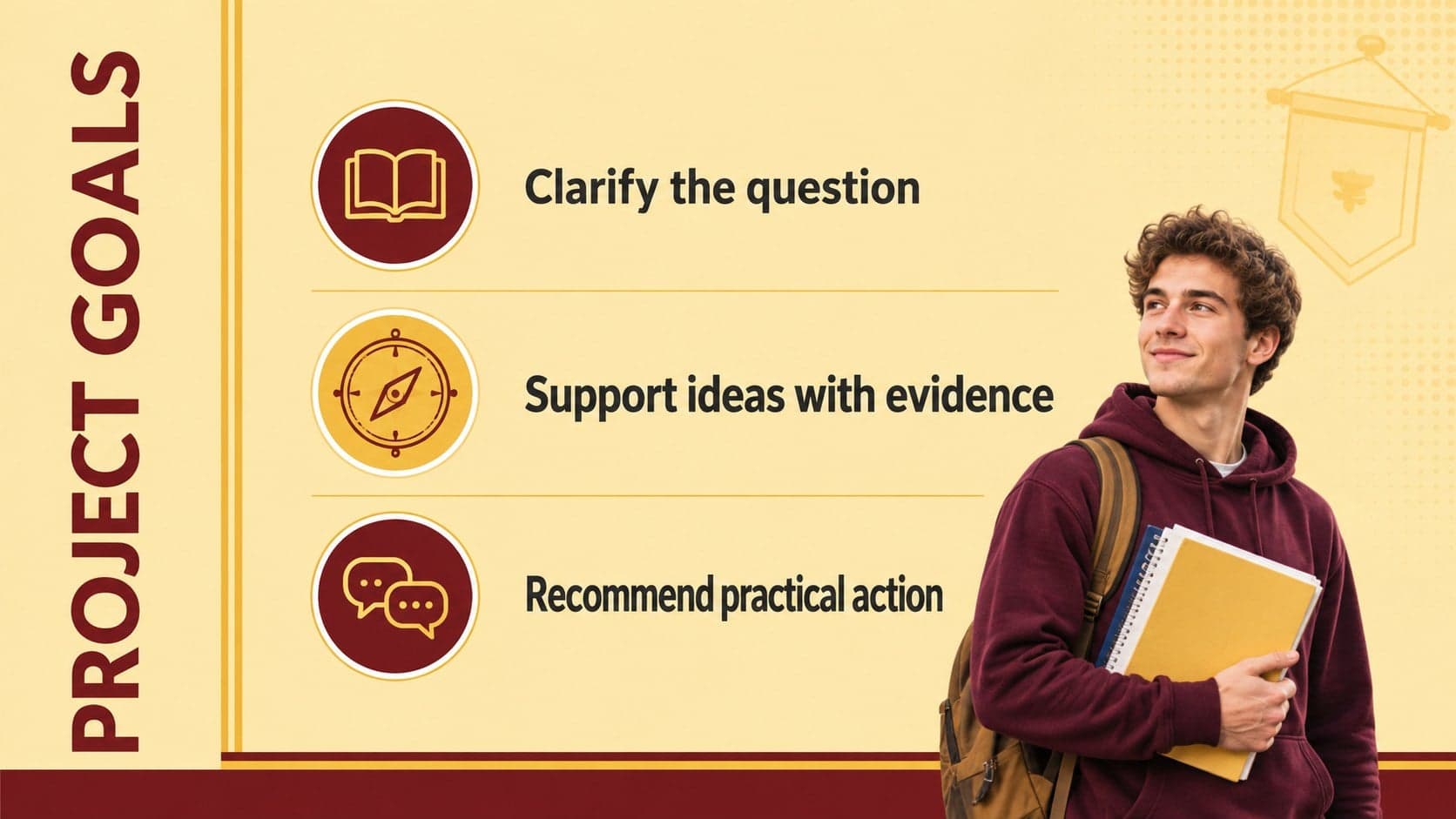 Collegiate presentation slide outlining three academic project goals in red and gold.