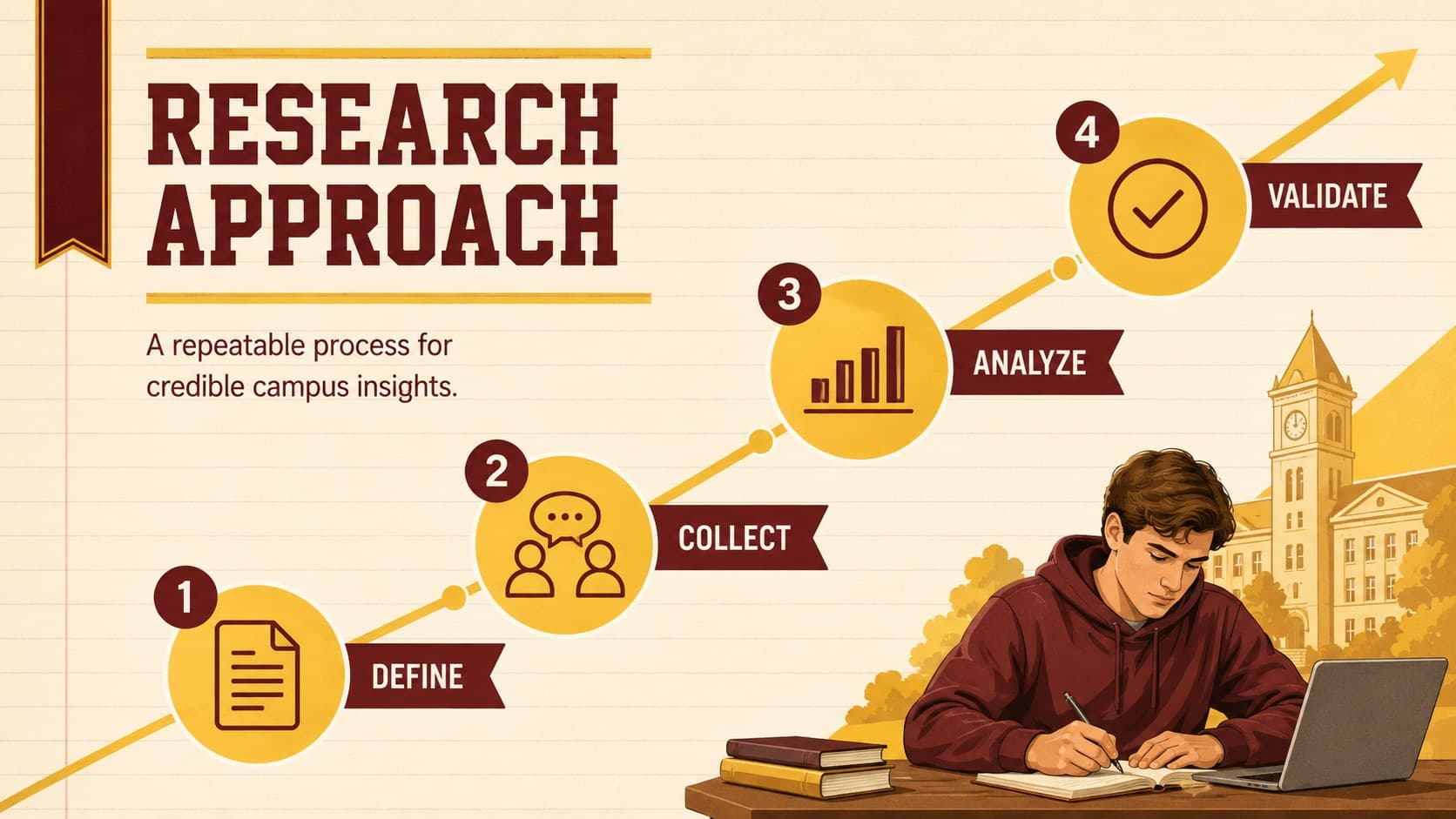Research methodology timeline in a simple collegiate presentation design.