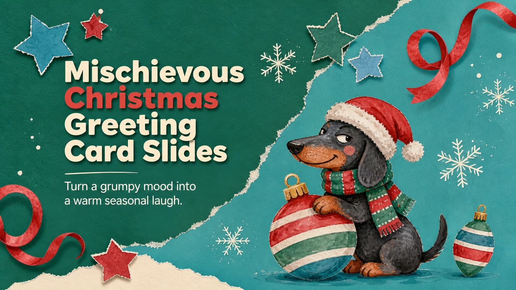 Cover for Mischievous Christmas Greeting Card Slides with an original grumpy holiday character and colorful watercolor paper decorations.