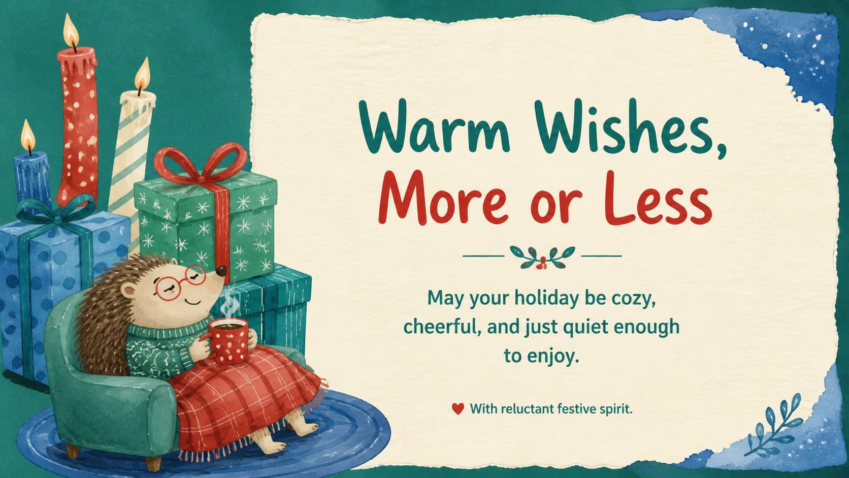 Funny Christmas card presentation template featuring a cheeky seasonal message in a red, green, and blue watercolor layout.