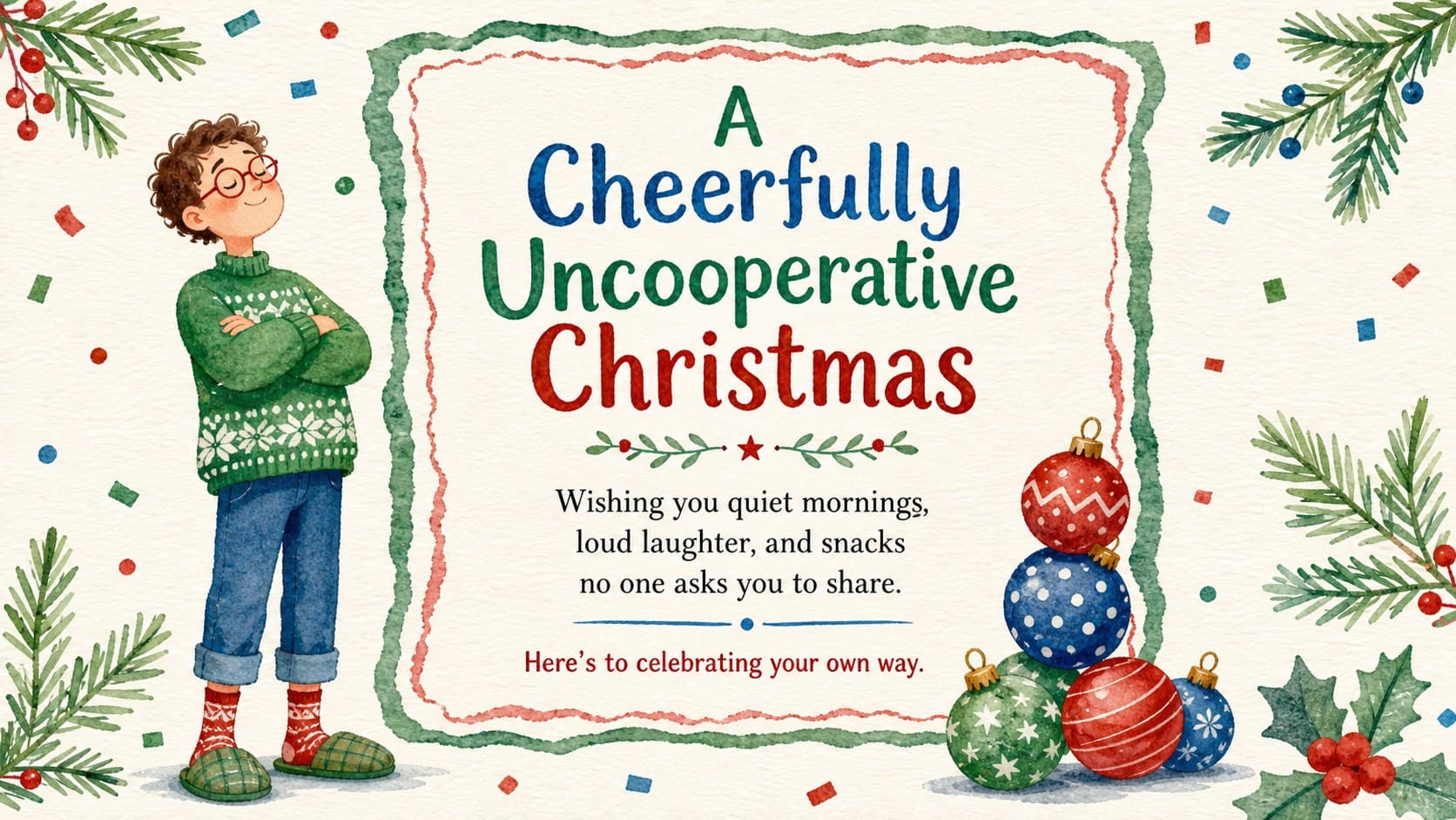 Watercolor holiday greeting slide with a humorous wish, torn-paper accents, and festive red, green, and blue artwork.