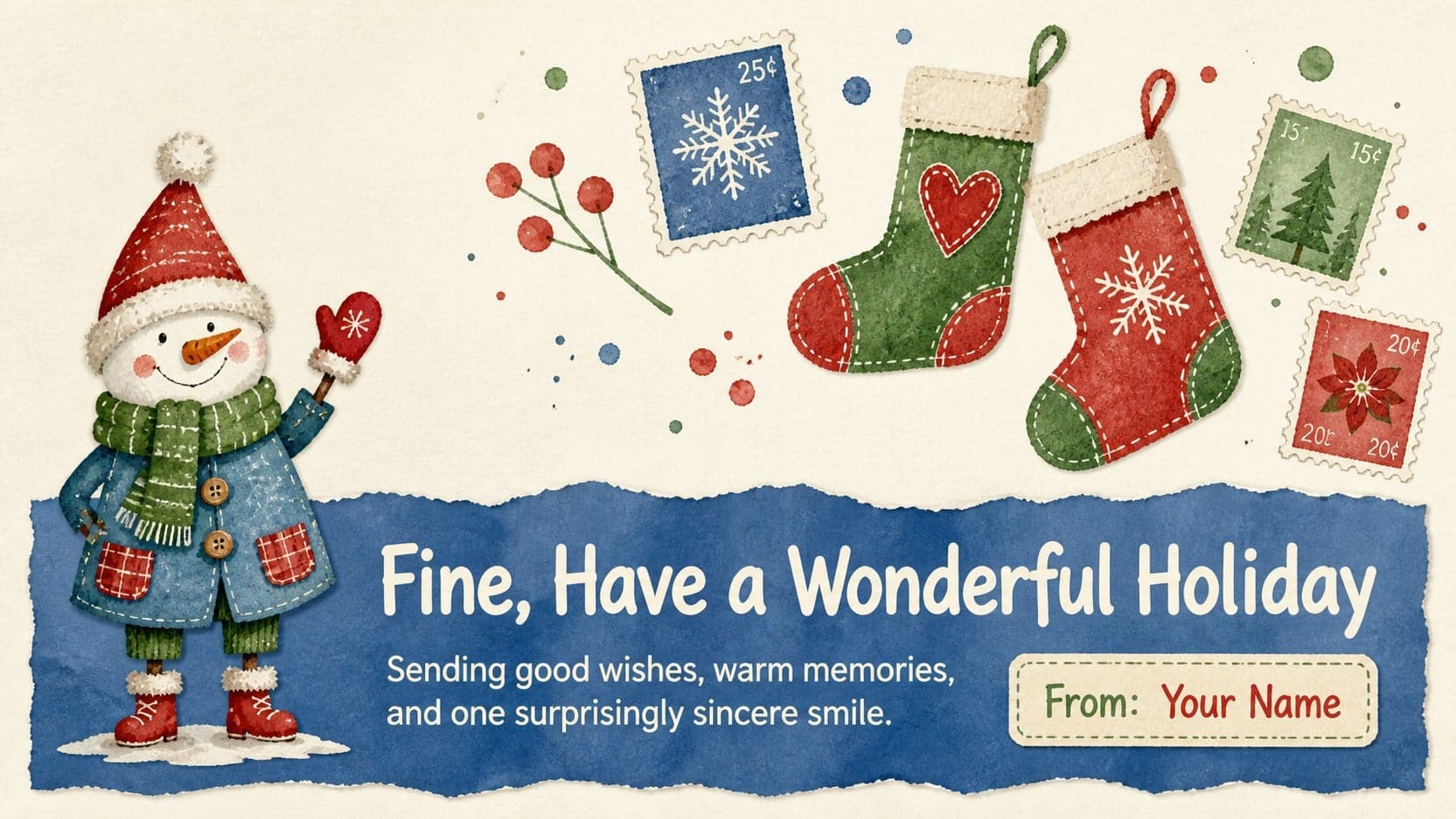 Closing page from an editable grumpy holiday card deck with an original festive character and personalized sign-off space.