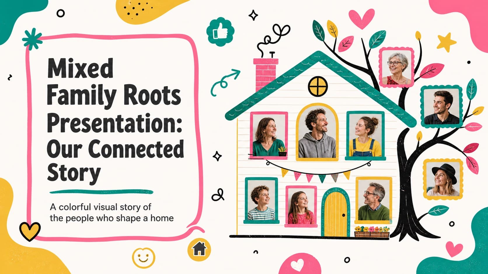 Colorful doodle cover for a mixed family roots presentation featuring connected branches and a welcoming family story subtitle.