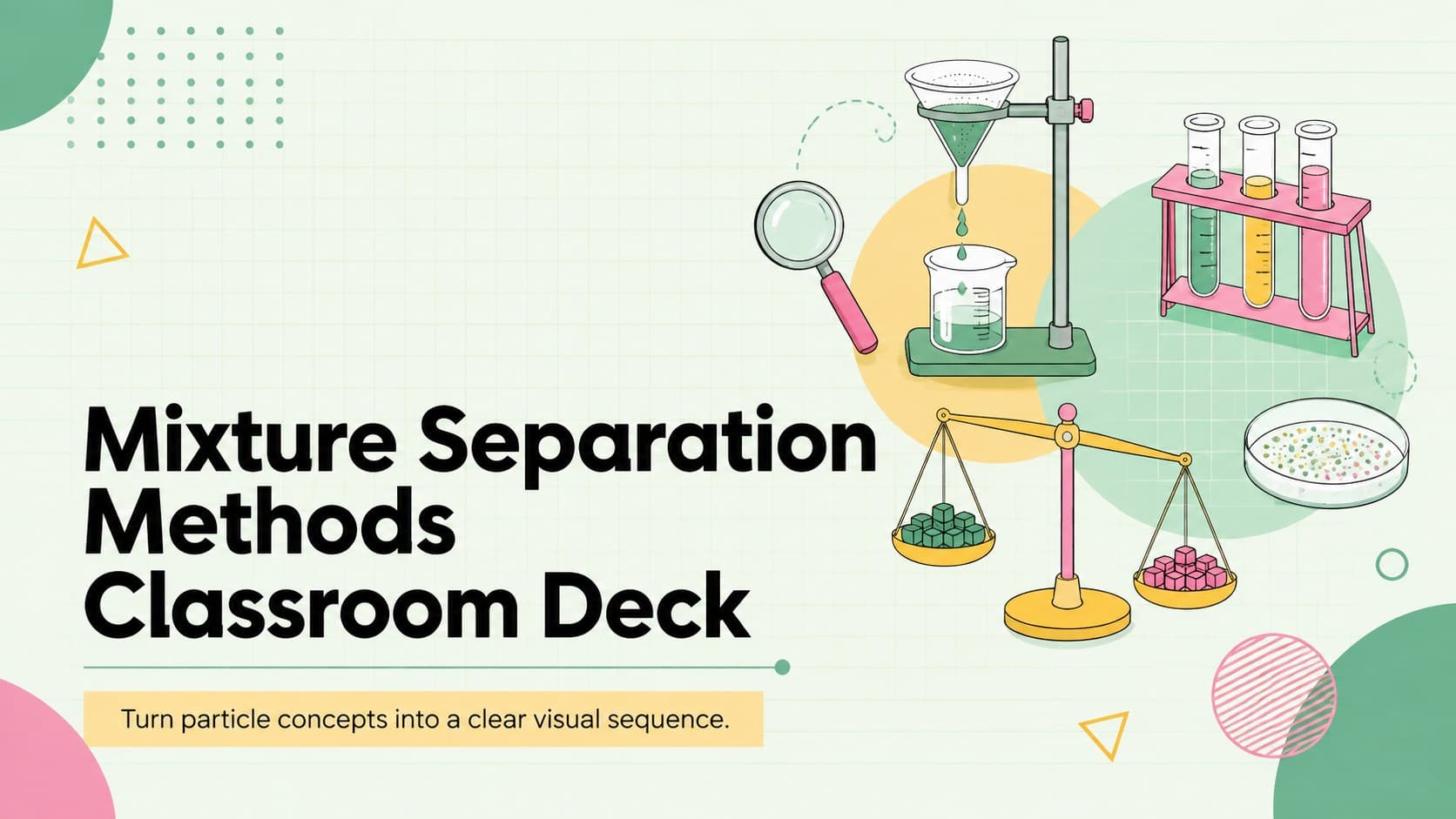 Colorful cover for a mixture separation methods classroom deck with original laboratory illustrations in green, yellow, and pink.