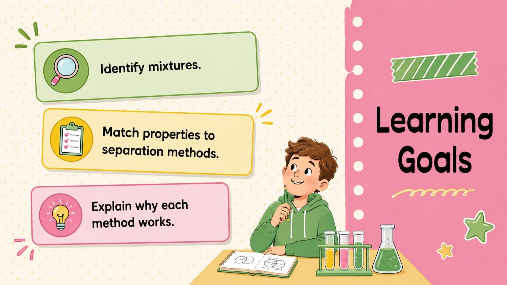 Grade 6 science learning goals slide outlining how students will identify and compare mixture separation methods.