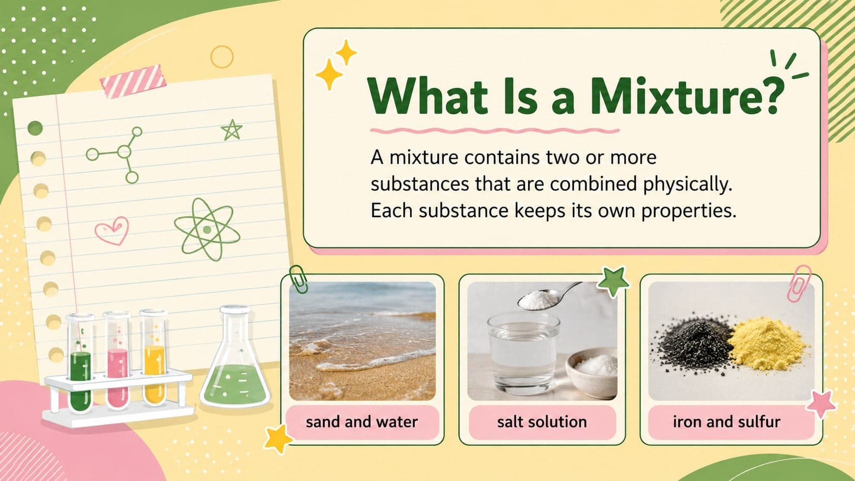 Middle school mixtures science presentation slide defining mixtures with examples of solids and liquids.