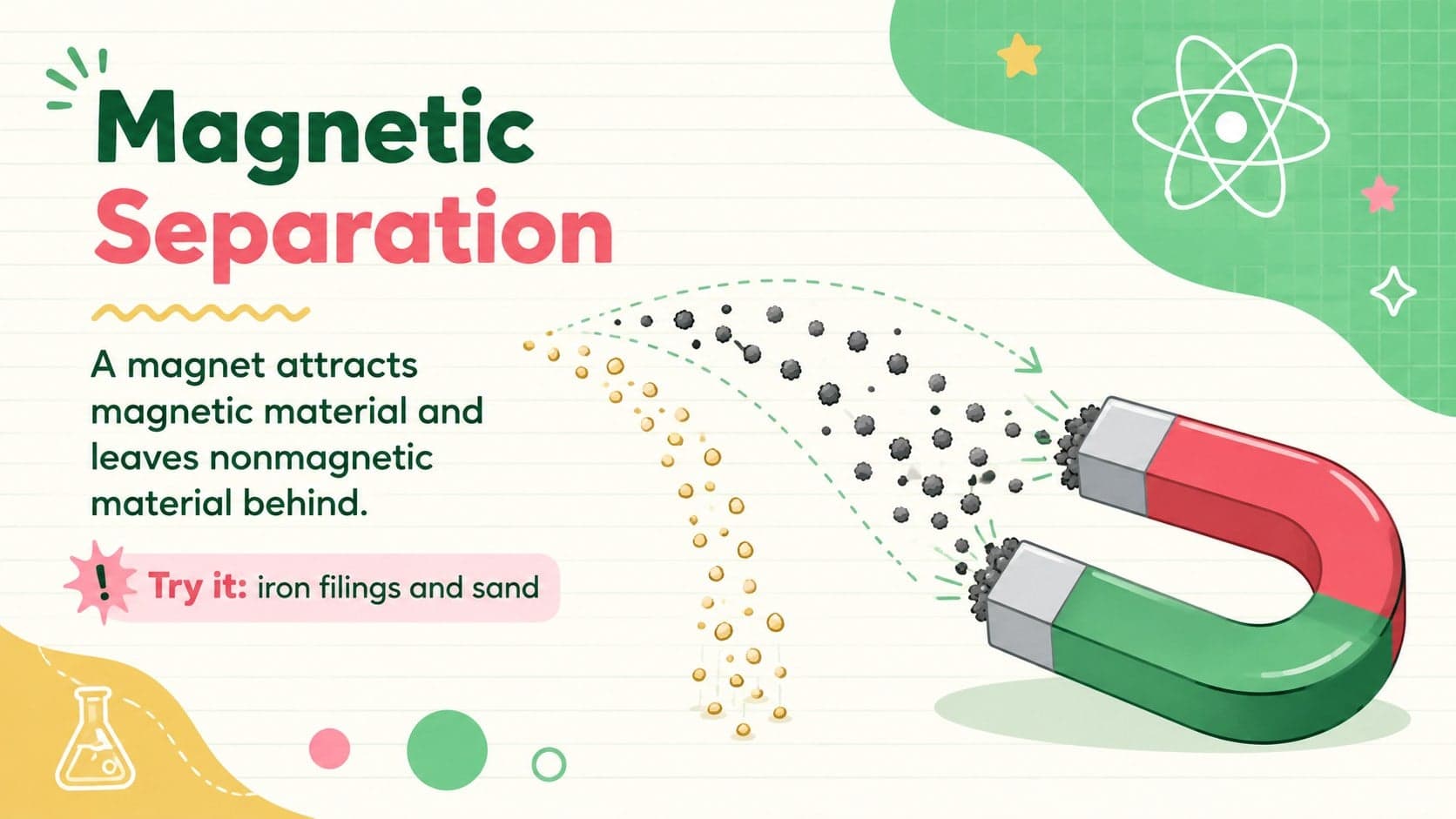 Magnetic separation classroom slide demonstrating the removal of iron particles from a mixture.