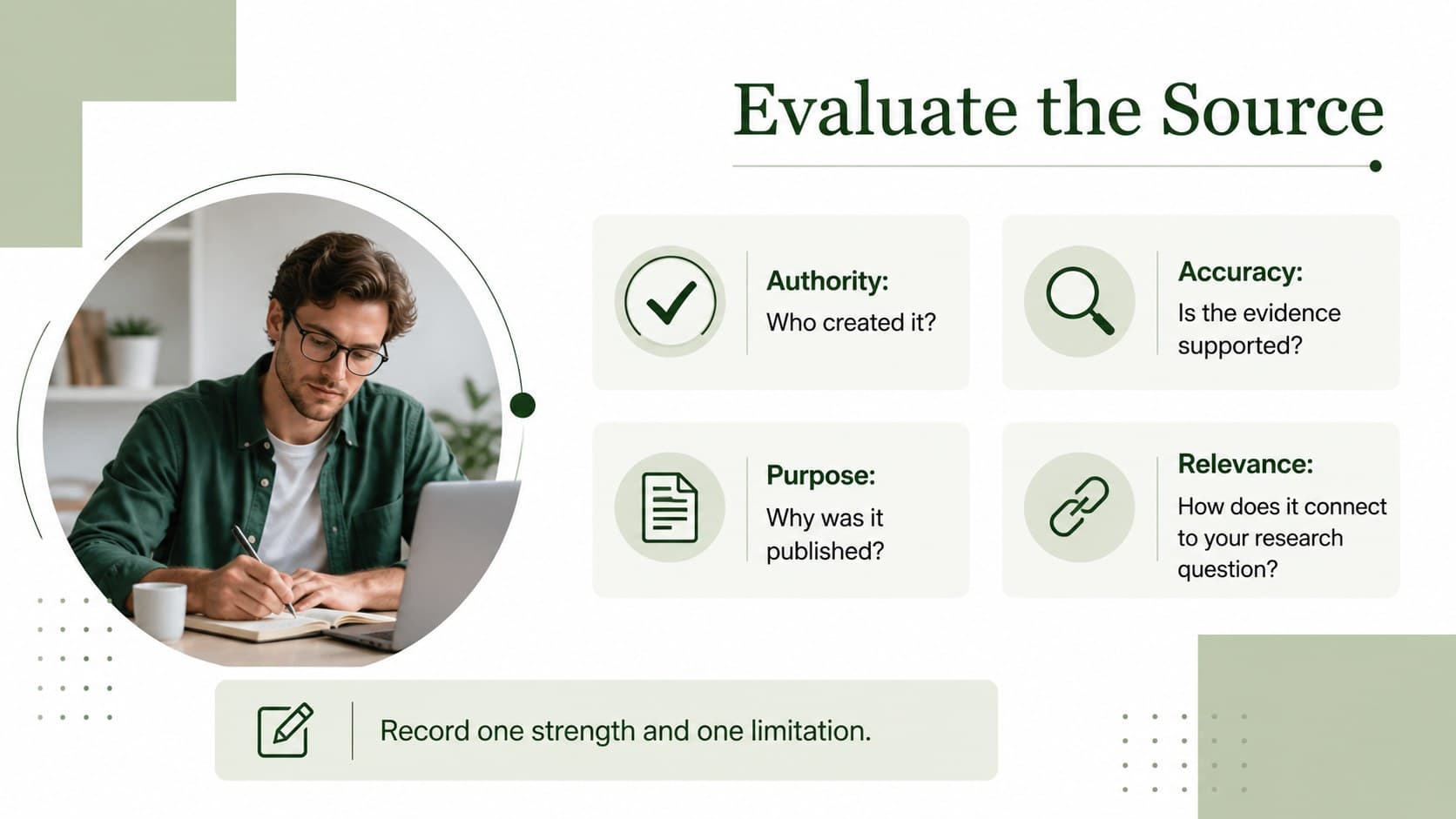 Source evaluation presentation template slide featuring an academic credibility checklist and evidence prompts.