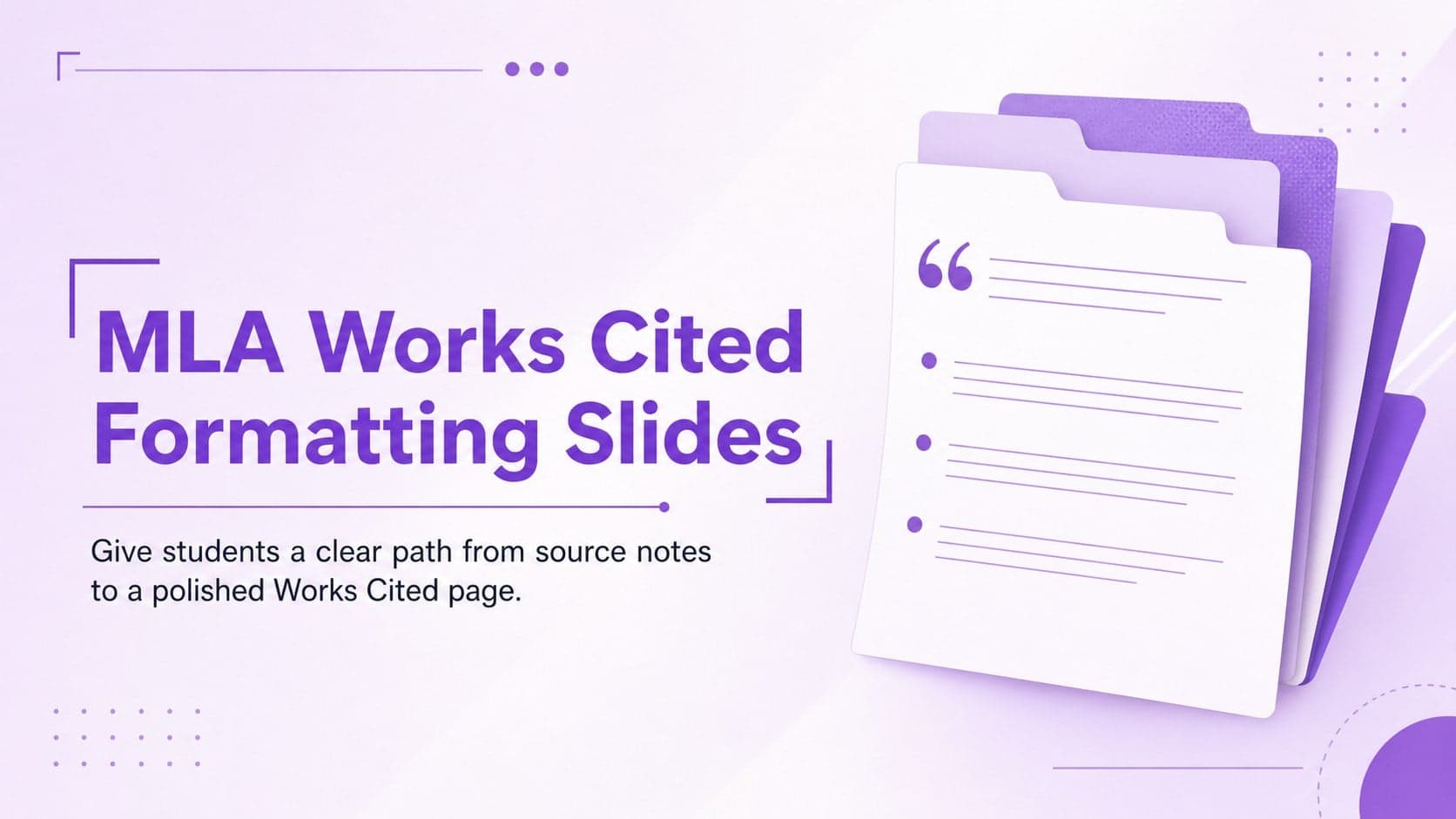 Cover for MLA works cited formatting slides with a modern purple gradient and academic citation details.
