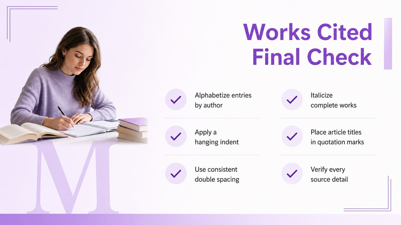 Purple MLA Works Cited checklist slide covering alphabetical order, spacing, and hanging indents.