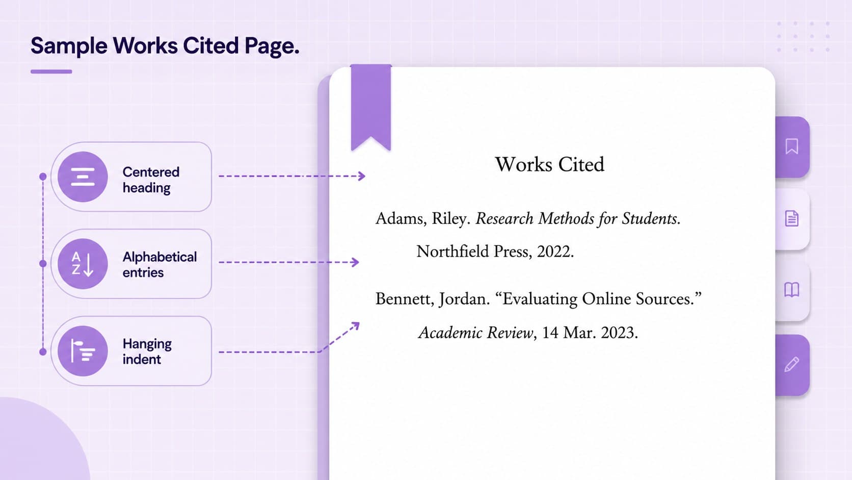 Sample Works Cited page layout in a purple academic research presentation for students.