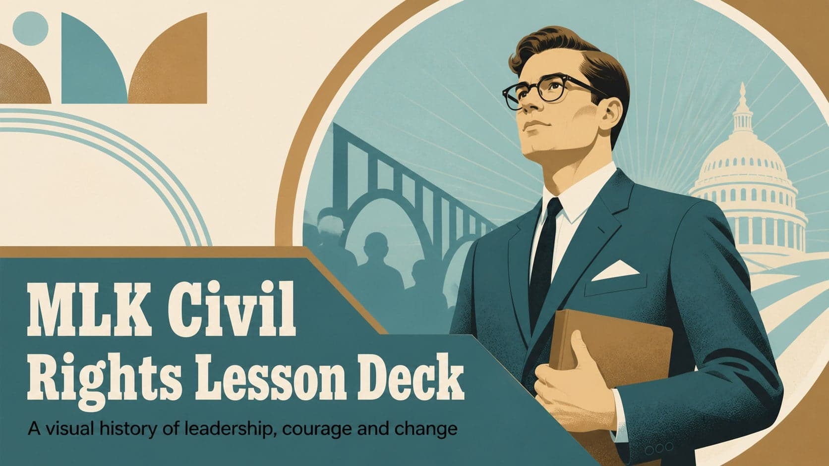 Cover slide for an mlk civil rights lesson deck with an illustrated historical portrait treatment and bold title.