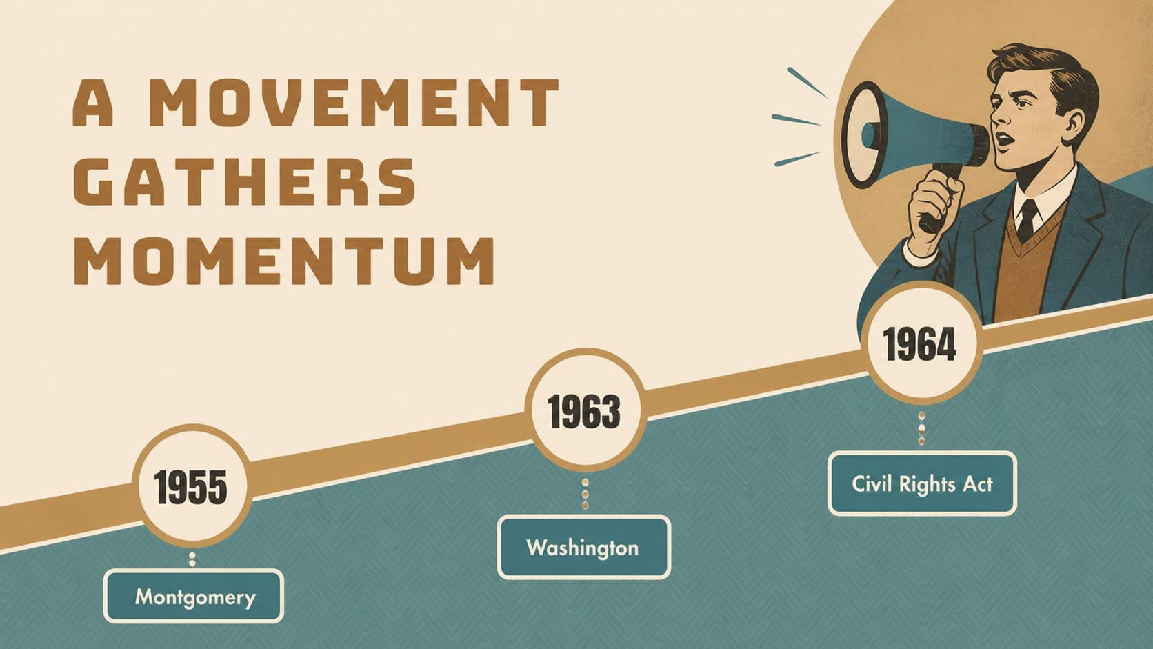 Civil rights timeline slide showing key stages in a student history lesson.