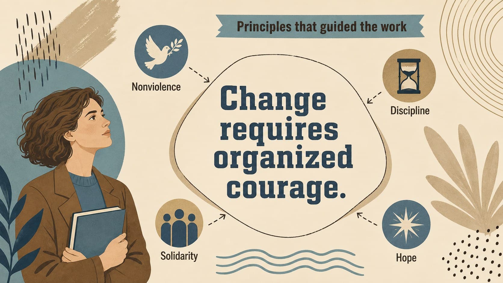 Leadership principles slide explaining nonviolent organizing in a Martin Luther King classroom presentation.