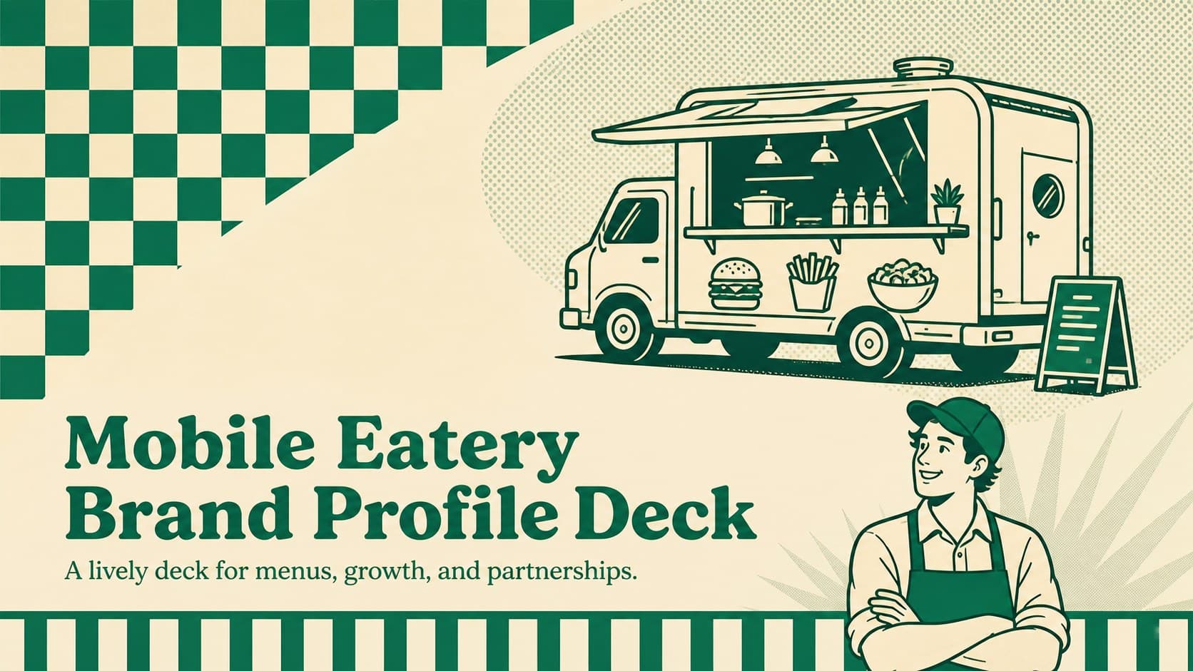 Cover of a mobile eatery brand profile deck with a playful illustrated food truck in green and cream.