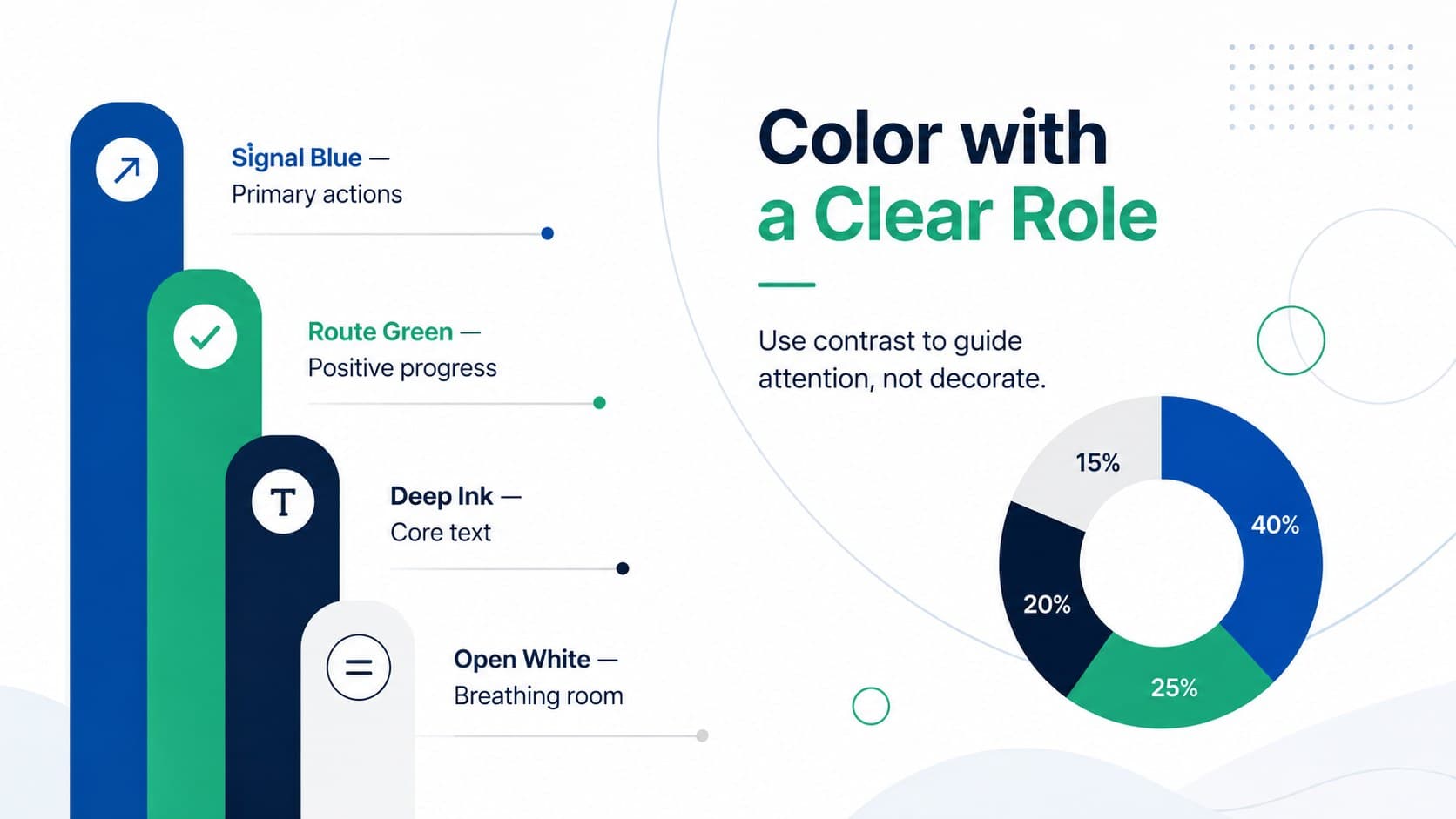 Blue and green brand color palette slide with accessible digital interface color roles.