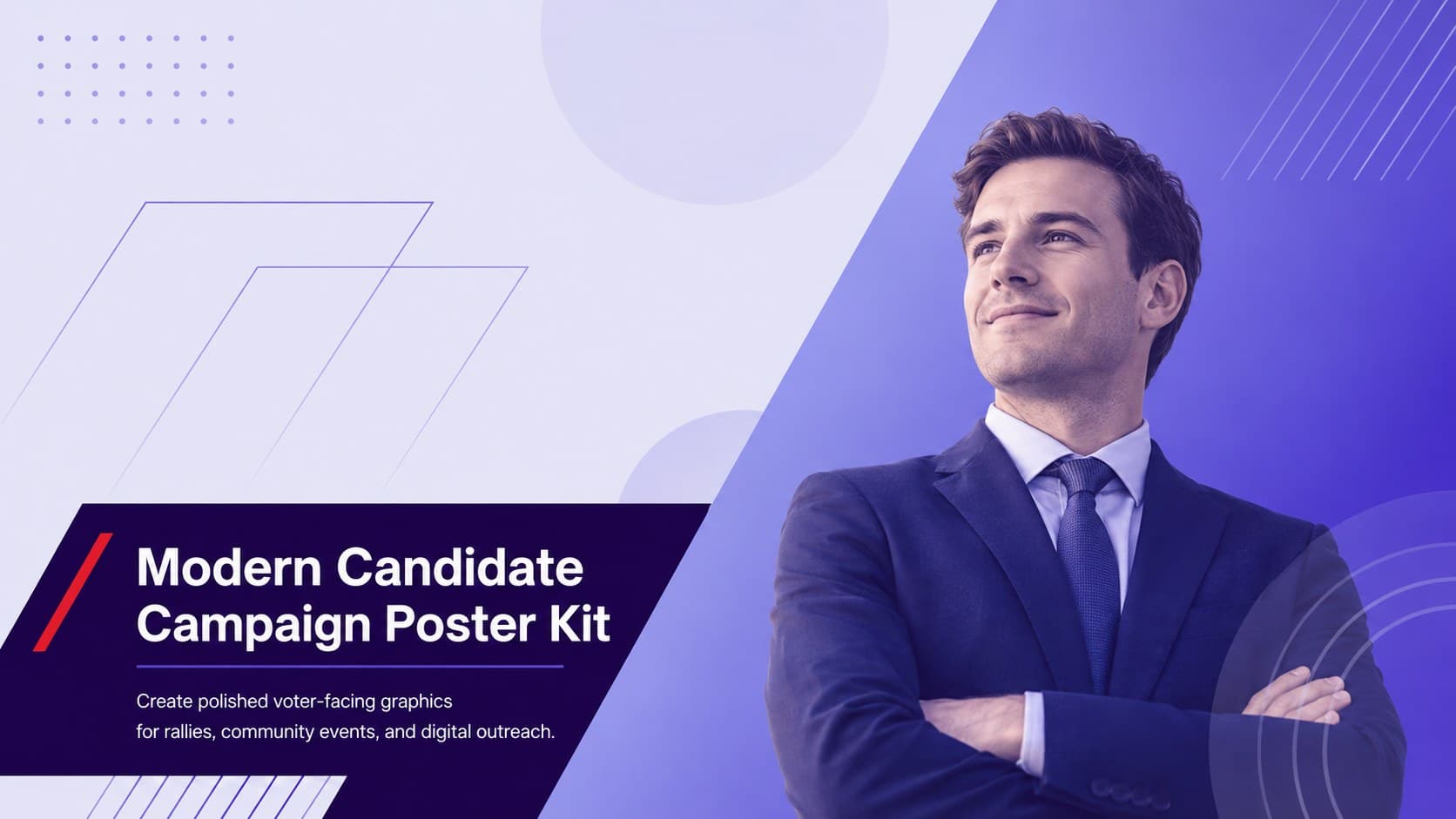 Cover design for a modern candidate campaign poster kit with blue and purple gradients and bold geometric campaign graphics.
