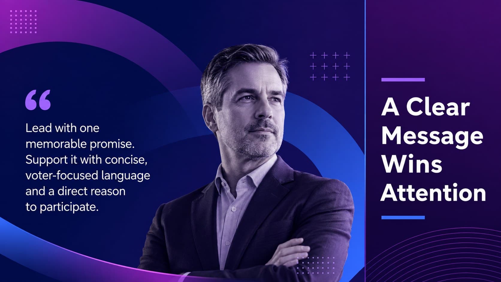 Blue and purple political candidate branding slide presenting a concise voter-focused campaign message.