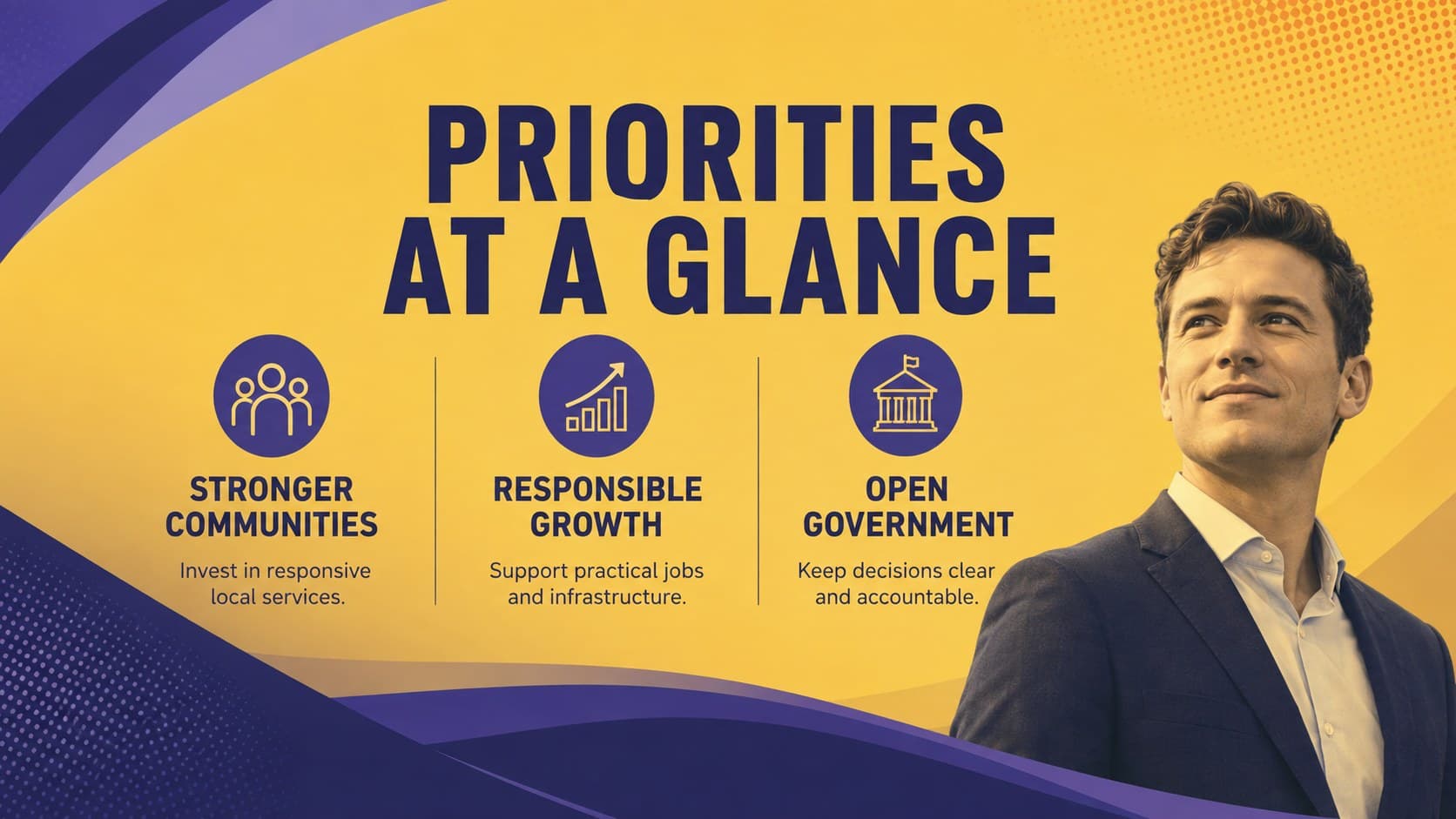 Editable election poster slide showing three campaign priorities in a modern geometric blue and purple layout.