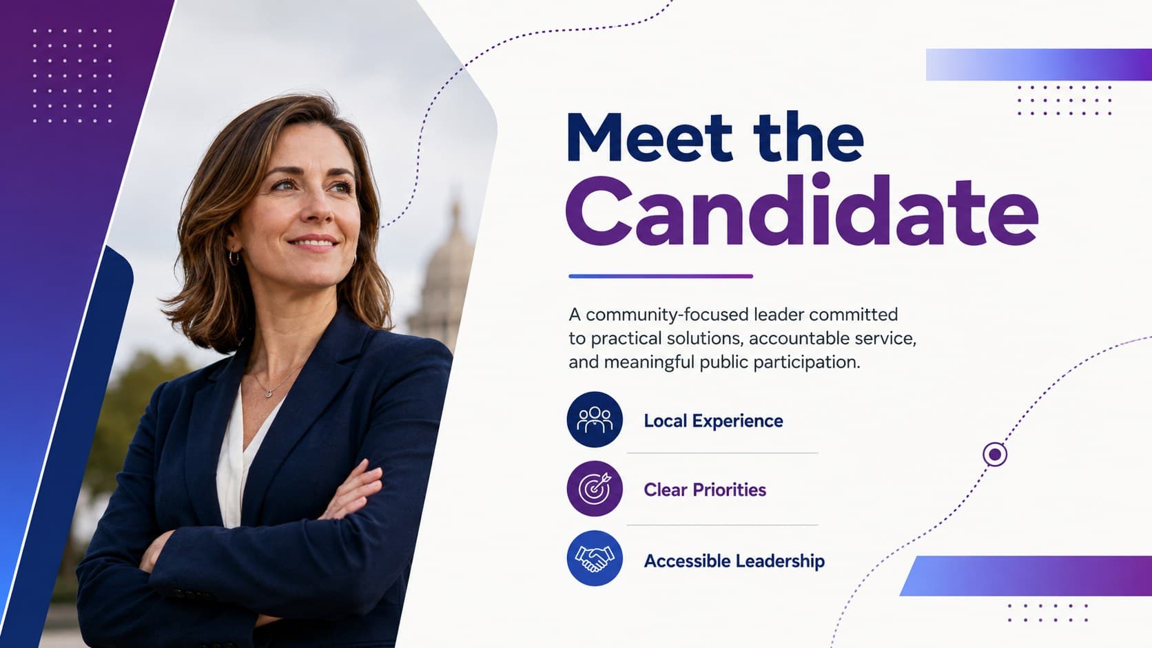 Candidate profile poster slide with an original Western campaign figure and modern blue-purple geometric styling.