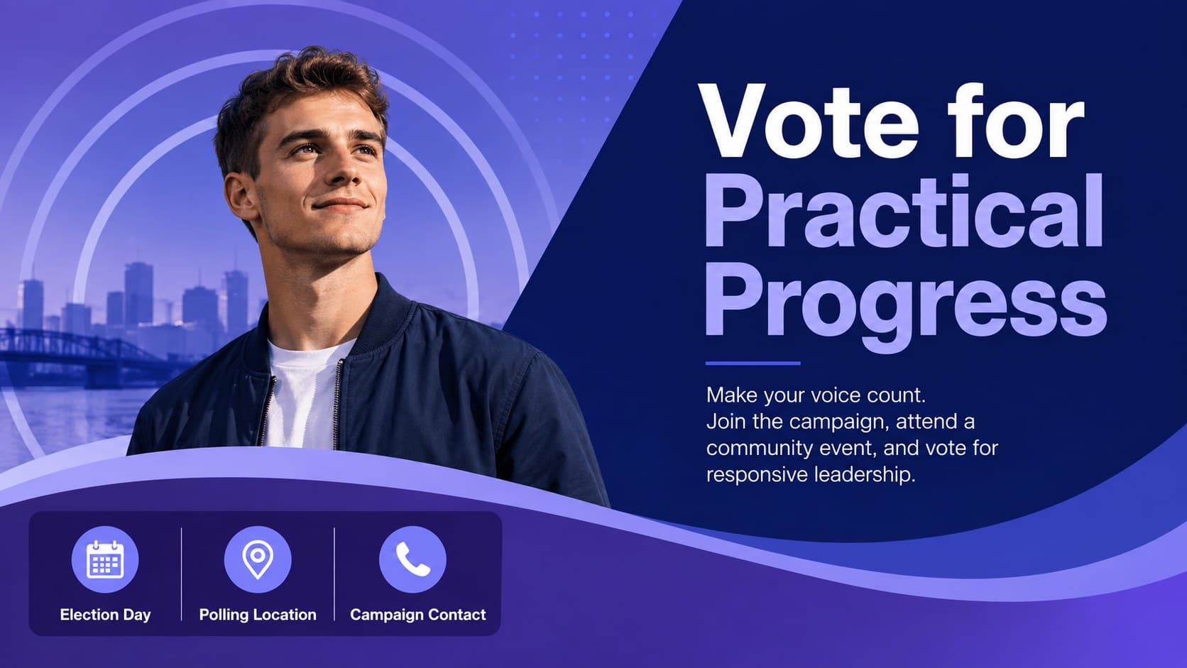 Campaign call-to-action poster encouraging voter participation with bold blue and purple gradient graphics.