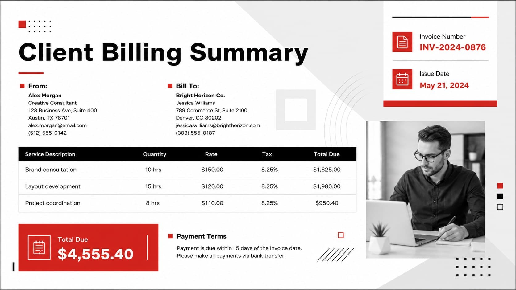 Editable business invoice presentation layout with client details, itemized charges, totals, and payment terms.