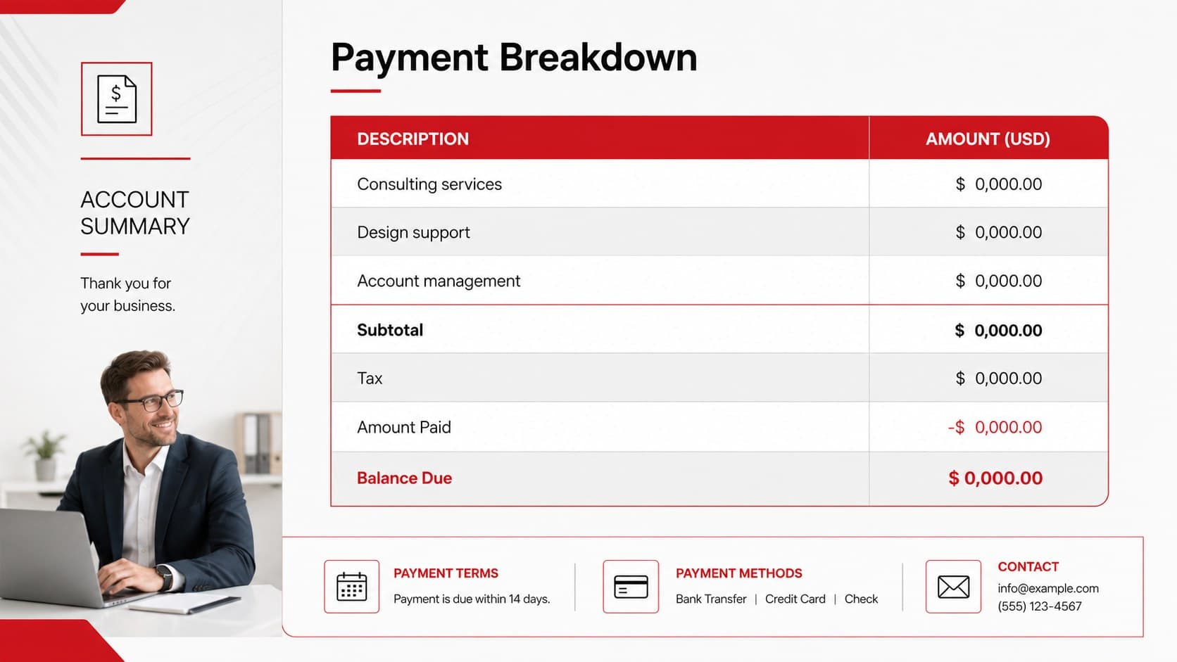 Professional invoice template for PowerPoint showing a payment breakdown and account summary in red, white, and black.