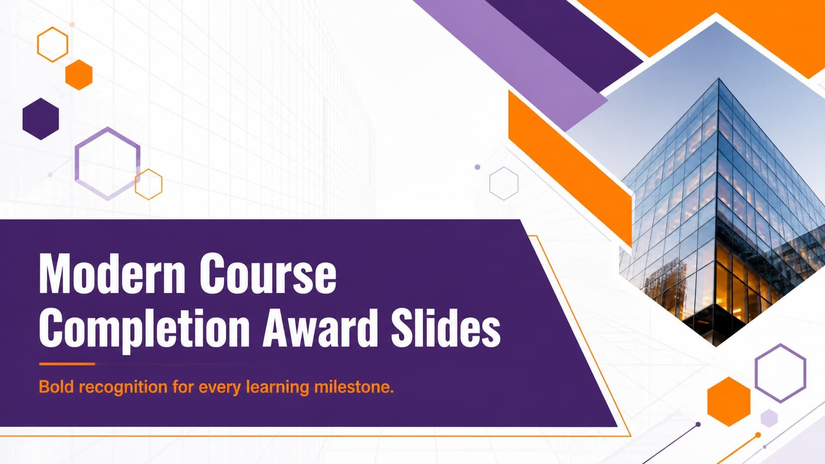 Cover for Modern Course Completion Award Slides with bold orange and violet geometric accents.