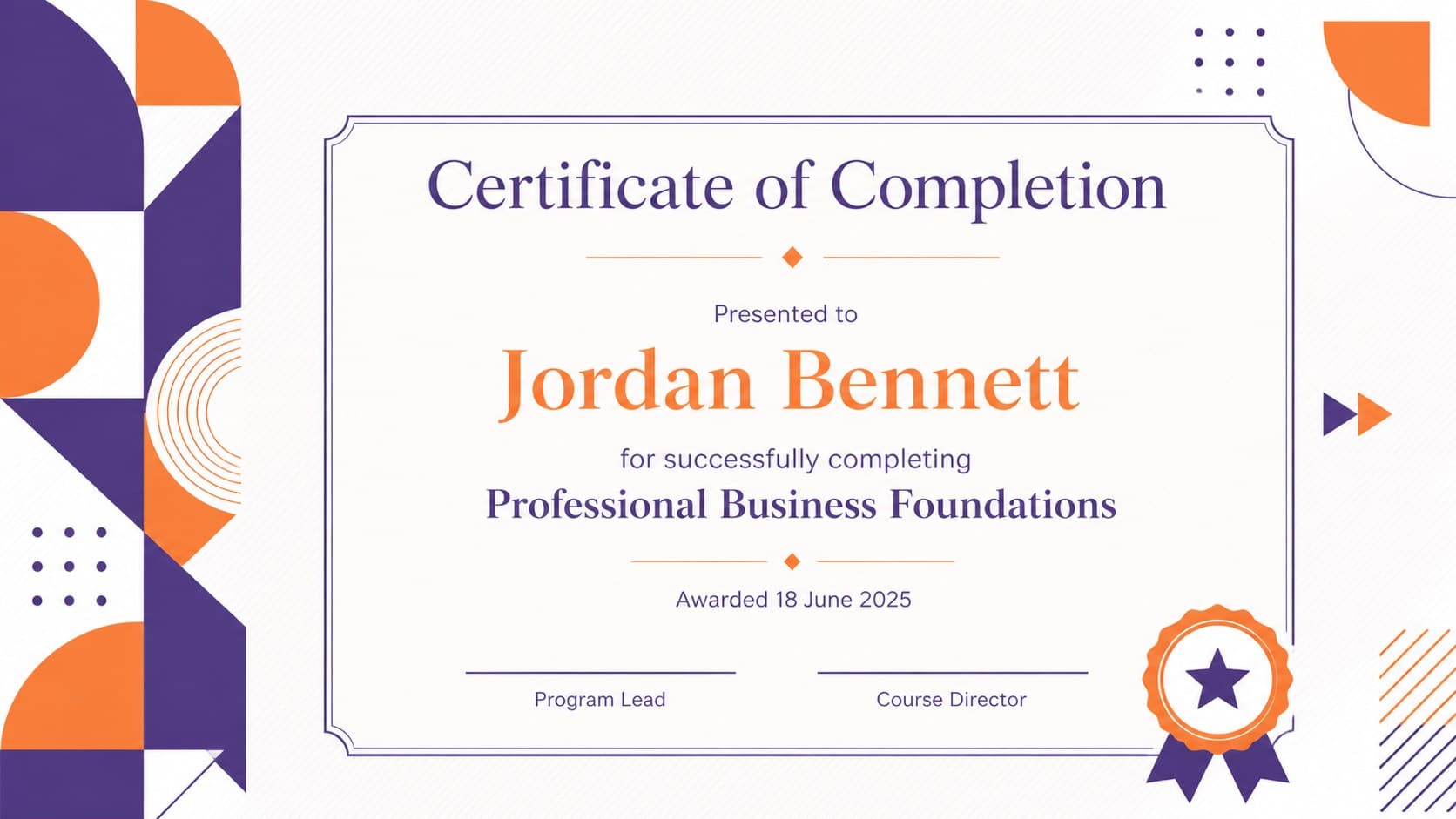 Modern course completion certificate featuring a recipient name and geometric orange and violet framing.