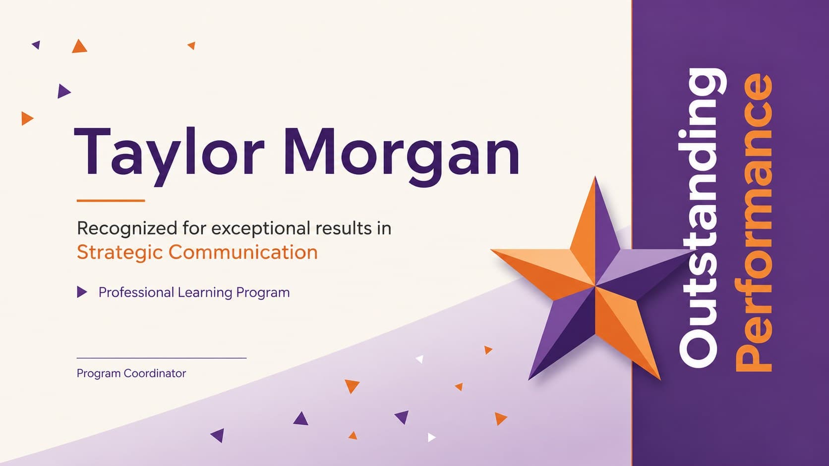 Business training certificate slide recognizing outstanding performance in a professional course.
