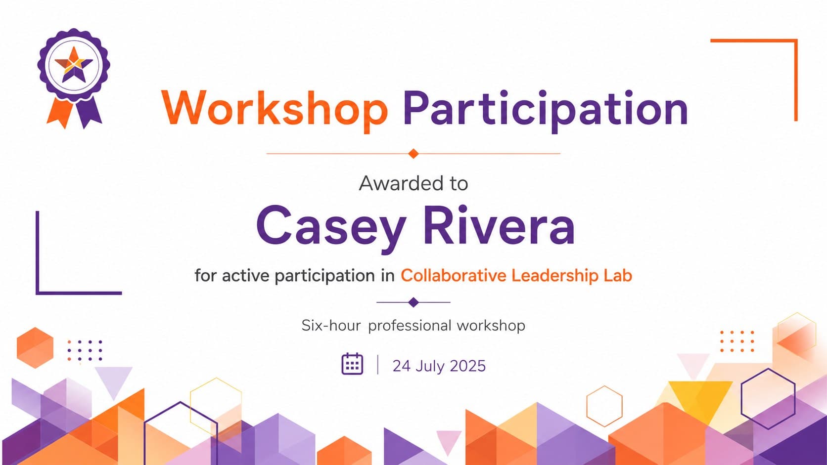 Workshop participation certificate with a contemporary polygon pattern and editable attendee details.