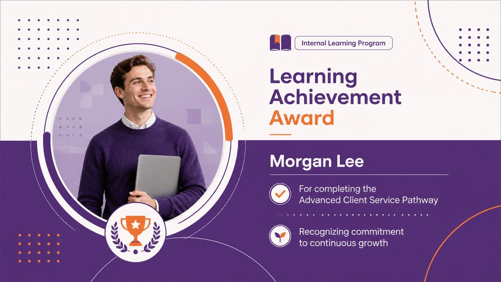 Employee learning achievement award slide with orange and violet geometric details.