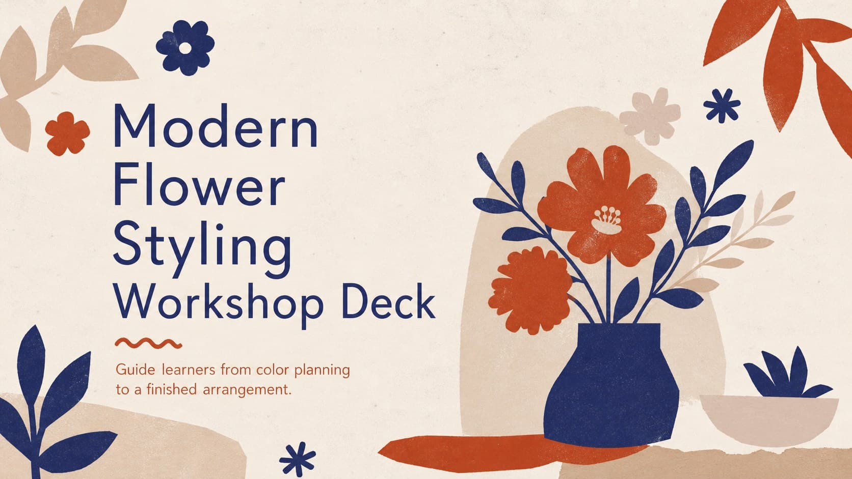 Cover of the Modern Flower Styling Workshop Deck with abstract blue, brown, and red botanical cut-paper artwork.