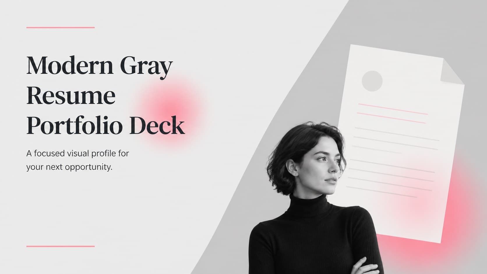 Cover slide for a modern gray resume portfolio deck with a professional title and pink accent details.