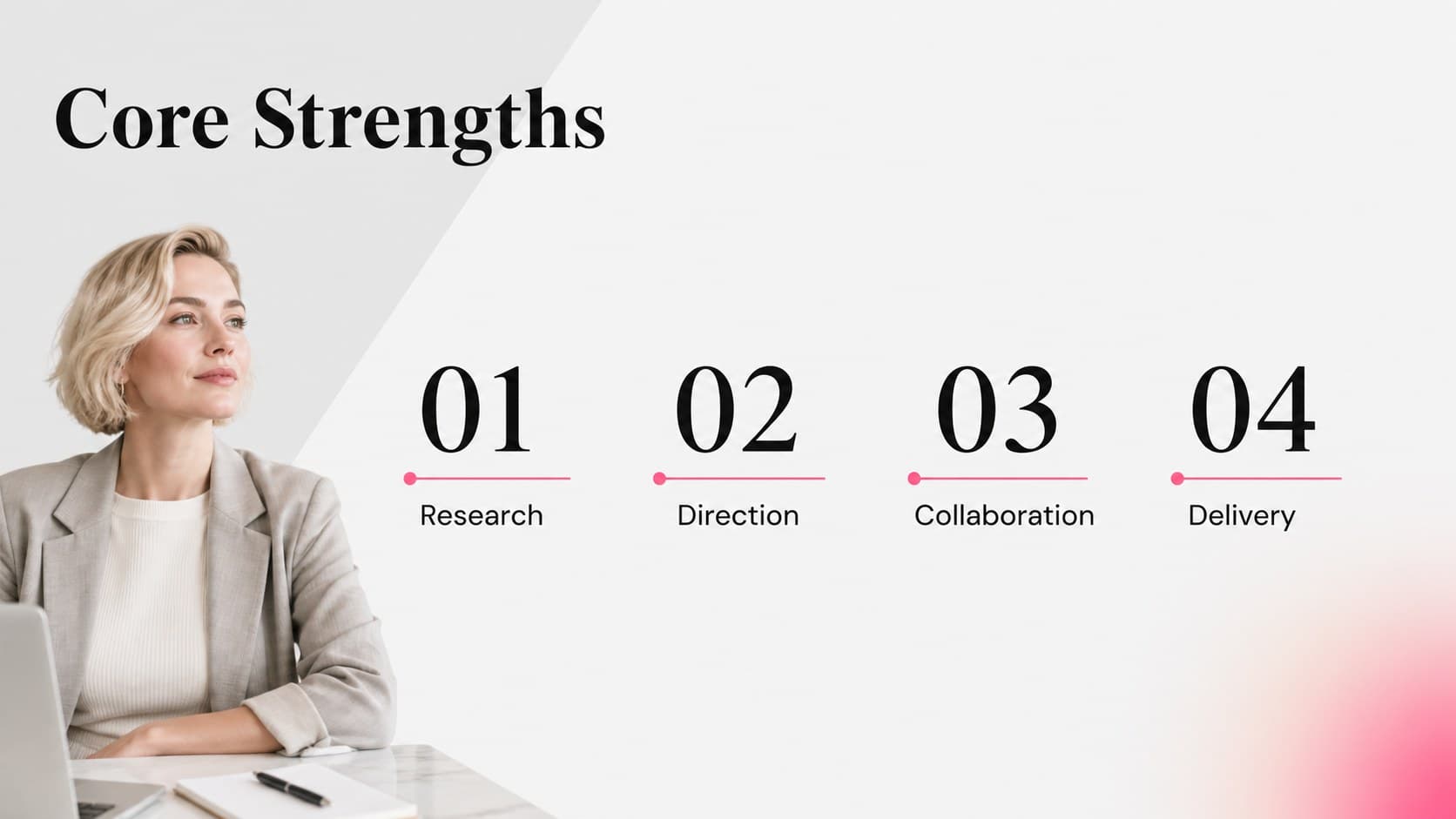 Career portfolio slide outlining key strengths with clean gray typography and pink highlights.