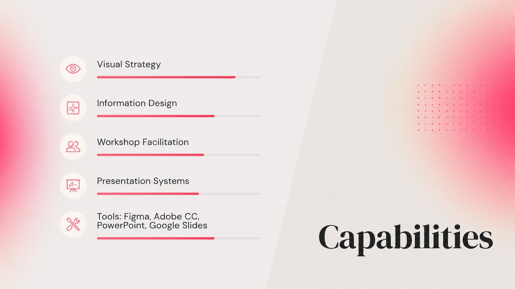 Resume presentation skills slide showing a clean capability matrix with pink accent lines.
