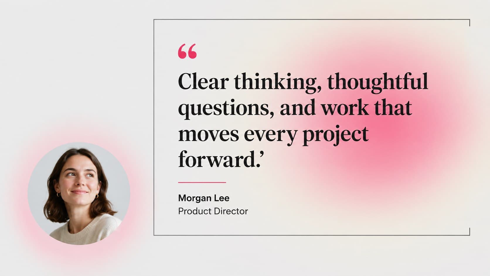 Career portfolio testimonial slide featuring a prominent quote and restrained pink graphic accents.