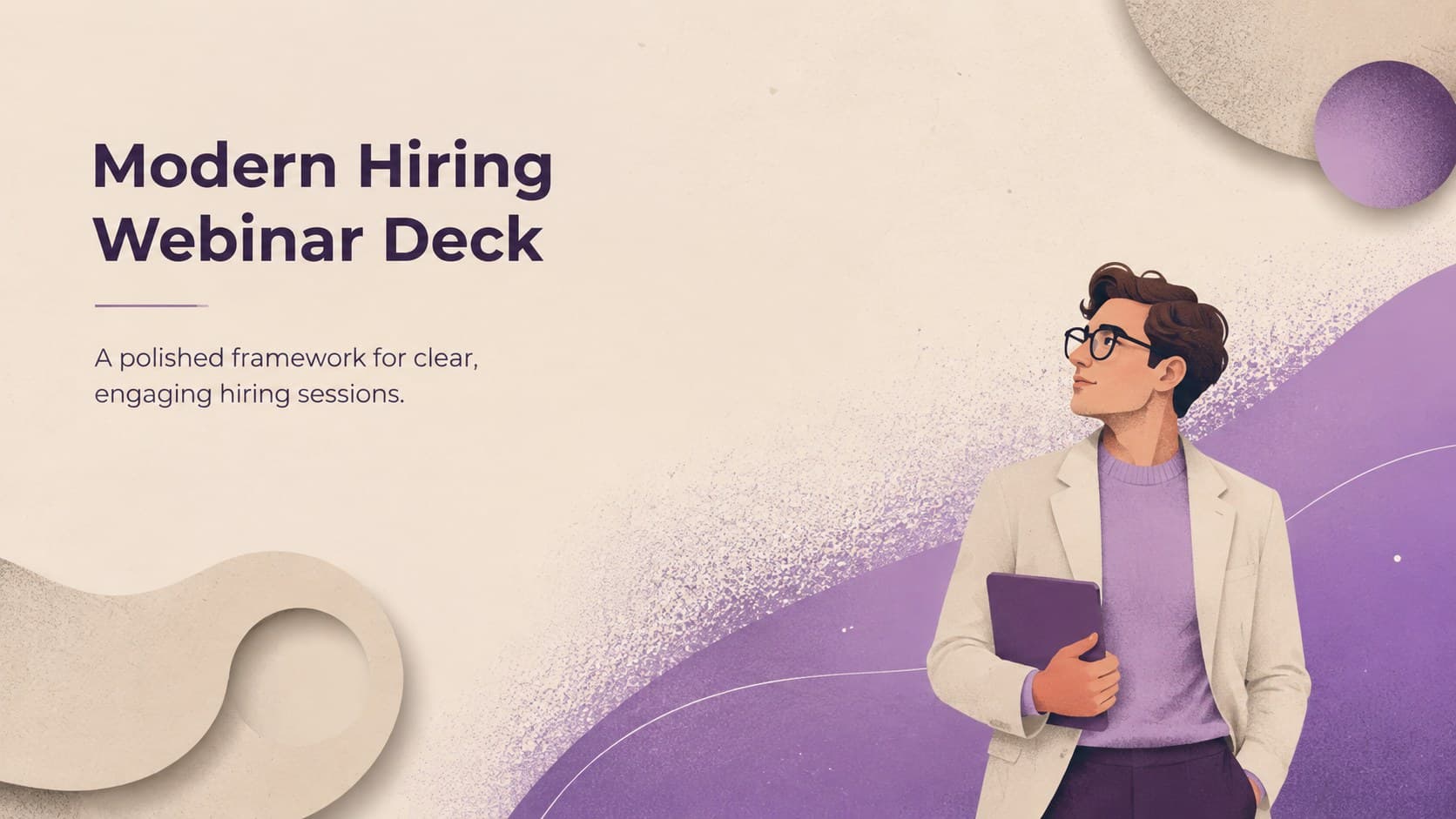 Cover of a modern hiring webinar deck with beige textures and violet gradient accents.